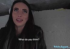 blue eyed brunette babe sucks fat cock in snowy public spot