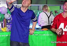 Group shares blonde barmaid's big tits and tight pussy freely