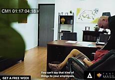 Naughty boss Becky Bandini rides masseur at fantasy office