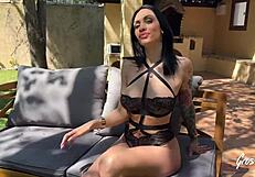 Giulia and Ashley, hot milfs in lingerie stockings, play with big cock together.