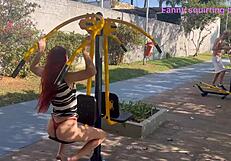 wife flashes miniskirt ass for husband in crowded public park street