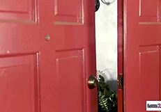 small tits stalker sneaks in to rim petite brunette's hairy pussy and ass in lesbian play