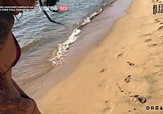 pervert shows tits on beach then fucks on rocks