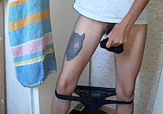 She Fucks Her Hairy Pussy with Dildo While I Masturbate My Shaved Wet One to Dripping Orgasm