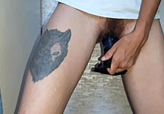 She Fucks Her Hairy Pussy with Dildo While I Masturbate My Shaved Wet One to Dripping Orgasm