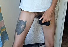 She Fucks Her Hairy Pussy with Dildo While I Masturbate My Shaved Wet One to Dripping Orgasm