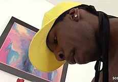 Curvy black ebony with big ass and saggy natural tits slurps monster cock deepthroat then takes hard pounding