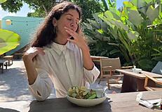 Friend cums on my face at cafe so I eat sperm-covered food