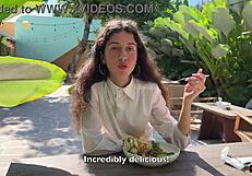 Friend cums on my face at cafe so I eat sperm-covered food