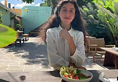 Friend cums on my face at cafe so I eat sperm-covered food