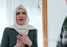 Handyman shows hijab virgin teen how to stroke and suck cock