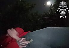 brazilian brunette with small waist strokes huge cock in public garden then gulps hot cum