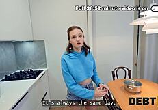 russian babe jumps flexible shaved pussy on cock then takes rough anal to pay debt