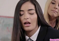 bratty teen's pussy licked hard by milf dean in office!!