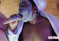 Ebony beauty's massage turns into wet blowjob, face fuck, and slow-motion cum on tits