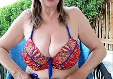 that busty blonde cougar granny in the garden seduces with big natural tits blowjob then pussy fuck