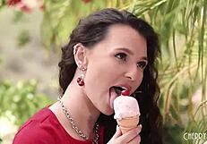 dude liz jordan's perky tits drip ice cream as codey rims and pounds her outdoors doggystyle