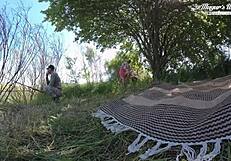 Black stud bends brunette milf over in forest for deep outdoor pussy pounding!