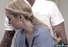 This petite teen got tricked hard by masseuse and perv husband