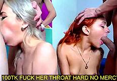 blonde slut and friend drool sloppily swallowing cocks in rough blowbang