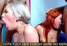 blonde slut and friend drool sloppily swallowing cocks in rough blowbang