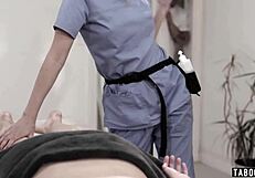 This petite teen got tricked hard by masseuse and perv husband