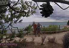 dick flash pulls cock out for french beach girl who helps cum in mouth caught