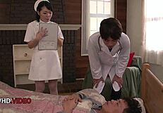 Ui Kinari sucks patient cock warm then teases shaved pussy stockings on