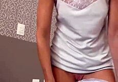 blonde shows off big shaved pussy lips up close in homemade vid