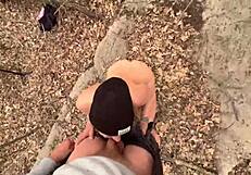 blonde strips naked flashes big tits then fucks outdoors in forest