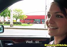 innocent hitchhiking brunette teen flashes her big tits to stranger in public pov pickup voyeur thrill