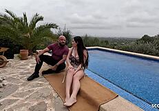 Curvy step-daughter seduces old stranger for anal by holiday pool