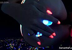 samantha saint spreads legs teasing pussy and big tits solo