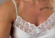 blonde shows off big shaved pussy lips up close in homemade vid