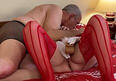 Granny Carmen Claus Pounds Pussy with Thick Dildo Elf Toy