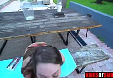 Step brother bends blonde stepsis over for outdoor doggystyle pounding