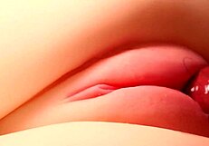 Her shaved big pussy stretched by double anal toys close up