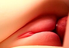 Her shaved big pussy stretched by double anal toys close up