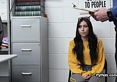 Brunette babe delivers blowjob after office strip search