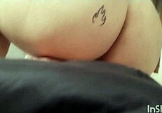 Redhead sucks cock rides machine fucks vagina gets creampied with milk