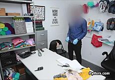 Brunette babe delivers blowjob after office strip search