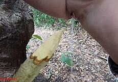 perverted bbw milf slut impales pussy on wooden stake squirting piss in forest