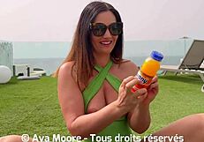 French Brunette Fucks Pussy With Bottle Then Gulps Huge Cock Cum