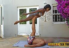 ebony slut's pussy gets licked then drilled hard outdoors interracial