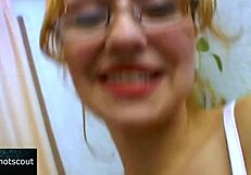 blonde slut with glasses rides cock begging for cum in mouth