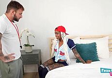 this cute ebony tattooed teen gets fucked hard by her trainer