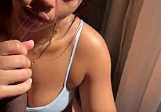 Dreamy Brunette Delivers Unfiltered Blowjob for Amateur Couple