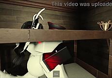 Masked guy bends cosplay girl over for sneaky anal creampie risk.