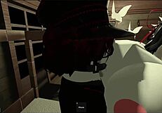 Masked guy bends cosplay girl over for sneaky anal creampie risk.