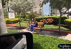 Two Sexy Brunettes Flash Big Tits for Cash Outdoors